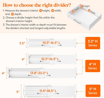 Lifewit Drawer Dividers for Clothes, 3.2" High 10.5"-16.5" Expandable Dresser Drawer Organizers, Adjustable White Plastic Separators for Kitchen, Cabinet, Nursery, Socks & Underwear Storage, 4 Pack