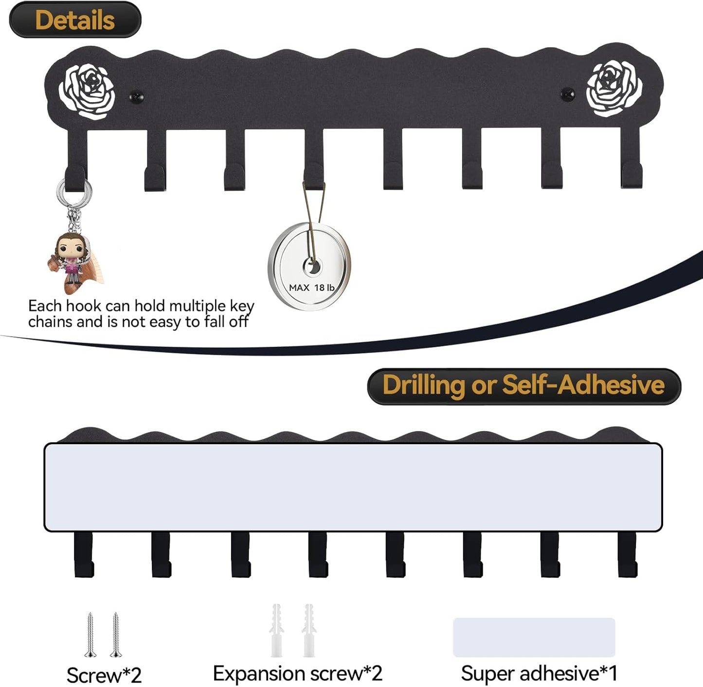 Key Holder Hooks Organizer Hanger Rack Wall Mounted with 8 Hooks, Adhesive Key Holder for Wall, No Drill Modern Key Holder Wall Mount, for Entryway, Kitchen, Hallway, RV Decor （Medium）