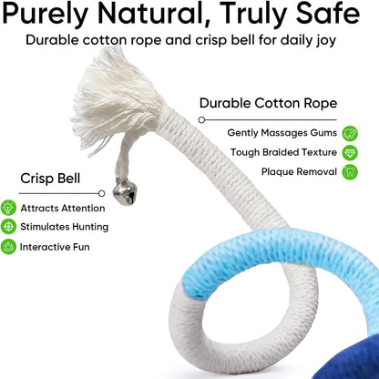 4 Pack Interactive Cat Chew Rope Toys - Durable Hand-Woven Cotton Teaser Sticks with Jingle Bells - Safe Teeth Cleaning & Teething Toys for Indoor Cats, Kittens, and Aggressive Chewers