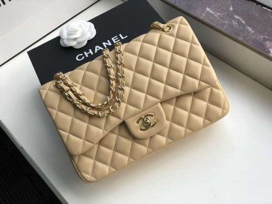 Chanel Classic Double Flap 30 Shoulder Bag Beige Golden Hardware