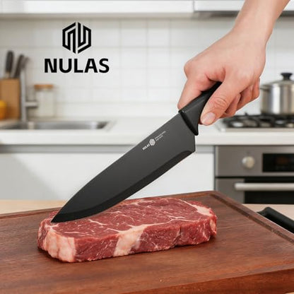 Knife Set, 8-Piece Kitchen Knife Set with Universal Block - Anti-Rust Chef Knives, Ergonomic Design, Dishwasher Safe (Black)