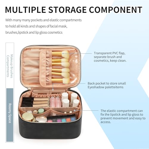 OCHEAL Makeup Bag, Portable Cosmetic Bag, Large Capacity Travel Makeup Case Organizer, Black For Women Toiletry Bag for Girls Traveling With Handle and Divider