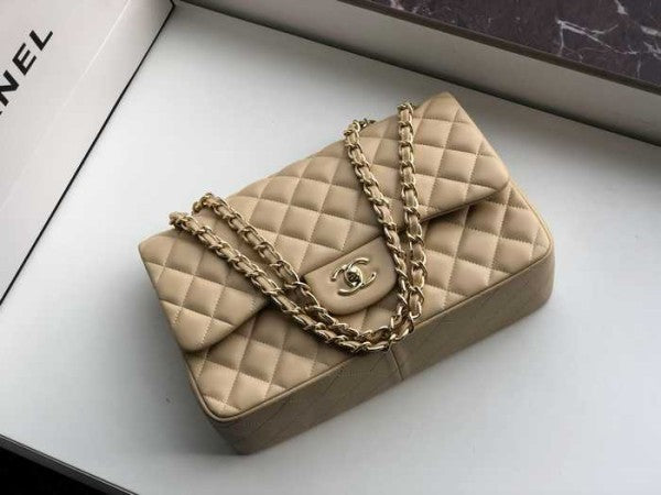 Chanel Classic Double Flap 30 Shoulder Bag Beige Golden Hardware