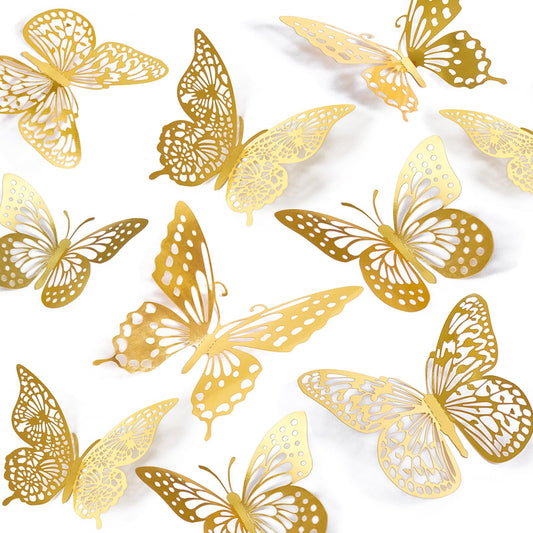 SAOROPEB 3D Butterfly Wall Decor - 48 Pcs, 4 Styles, 3 Sizes, Gold Butterfly Decorations for Birthday & Party Celebrations, Removable Stickers