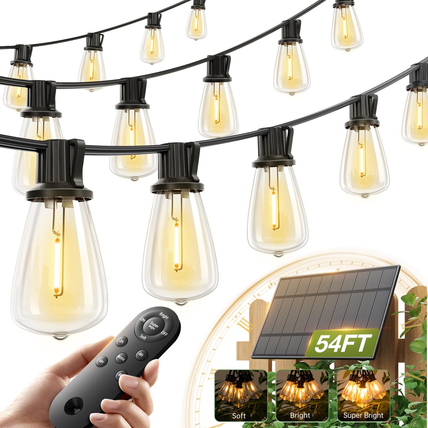 addlon 52(48+4) FT Solar String Lights Waterproof,Patio Lights Solar Powered with Remote & USB Port 16+1 LED Shatterproof Bulbs 3 Light Modes, Dimmable Solar Light for Camping Backyard Garden
