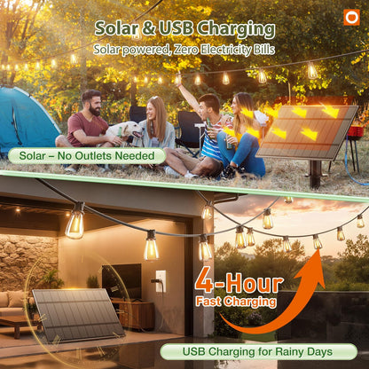 addlon 52(48+4) FT Solar String Lights Waterproof,Patio Lights Solar Powered with Remote & USB Port 16+1 LED Shatterproof Bulbs 3 Light Modes, Dimmable Solar Light for Camping Backyard Garden
