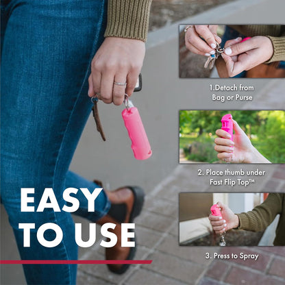SABRE Pepper Spray with Fast Flip Top Safety & Snap‑Clip Keychain for Self Defense - Maximum Police Strength OC with UV Marking Dye, Finger Grip, 10‑Sec. Spray, 14-ft Range, Made in USA, 0.54 fl oz