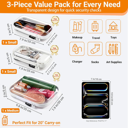 YQBRAO Clear Hard Shell Organizer Cases, 3-Pack, White | Rigid 1.2 mm clear PET organizers with multi-size design for travel, home storage, and everyday essentials.