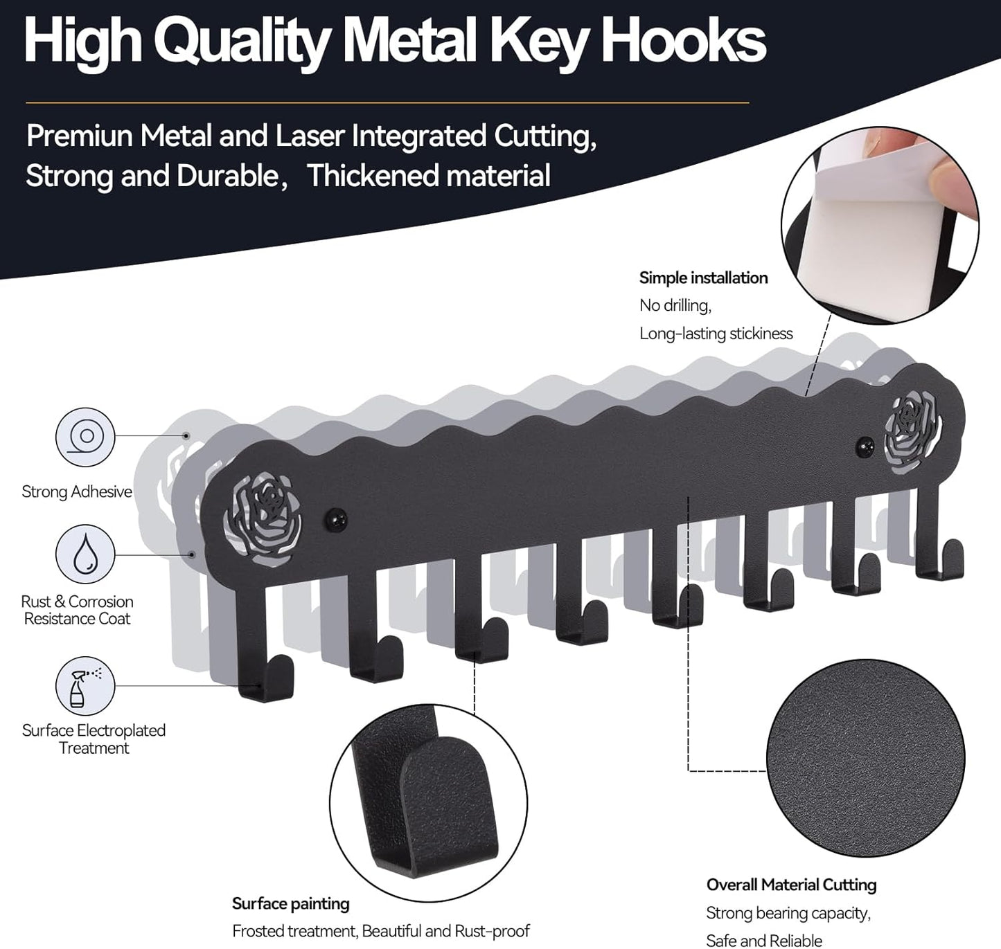 Key Holder Hooks Organizer Hanger Rack Wall Mounted with 8 Hooks, Adhesive Key Holder for Wall, No Drill Modern Key Holder Wall Mount, for Entryway, Kitchen, Hallway, RV Decor （Medium）