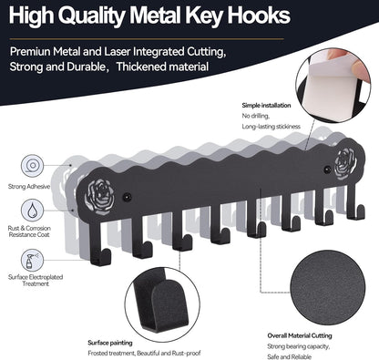 Key Holder Hooks Organizer Hanger Rack Wall Mounted with 8 Hooks, Adhesive Key Holder for Wall, No Drill Modern Key Holder Wall Mount, for Entryway, Kitchen, Hallway, RV Decor （Medium）