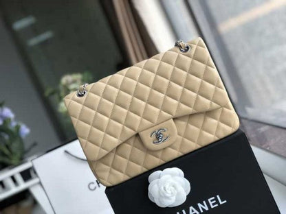 Chanel Classic Double Flap 30 Shoulder Bag Beige Silver Hardware
