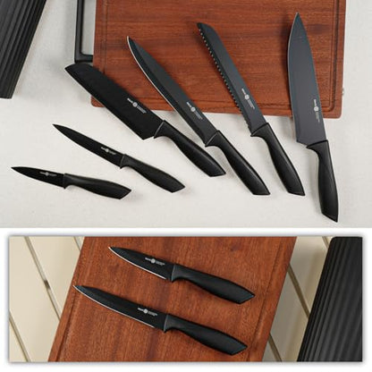 Knife Set, 8-Piece Kitchen Knife Set with Universal Block - Anti-Rust Chef Knives, Ergonomic Design, Dishwasher Safe (Black)