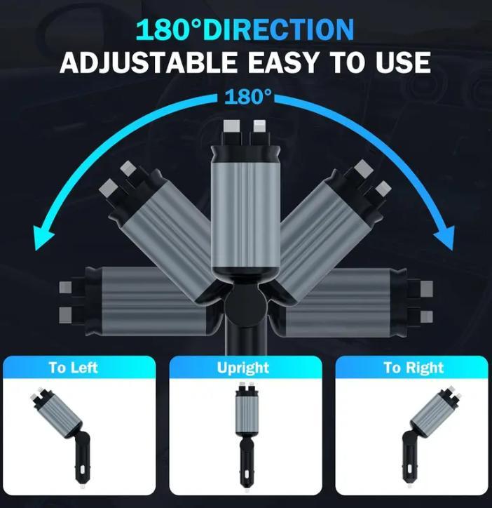 Car Charger with Starlight 4 in 1 Retractable 66W USB C Fast Charging for iPhone 12 13 14 15 16 17 & Android Devices with 2 USB Ports and 180-Degree Plug