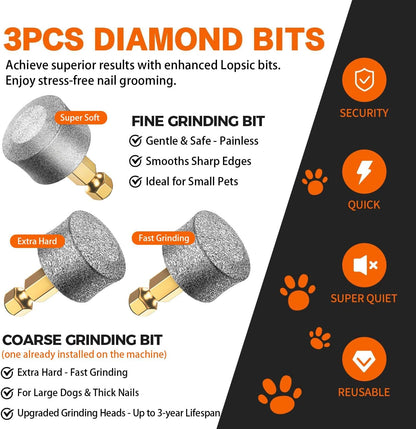 Whisper Quiet Dog Nail Grinder with 4 LED Lights, Safe & Stress-Free for Sensitive Dogs Cats of All Breeds & Sizes, 3 Grinding Bits, 3-Speed, Pet Nail Trimmers, Rechargeable Painless Grooming Kit