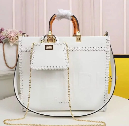 Fendi Sunshine Tote Bag White With Decorative Stitching