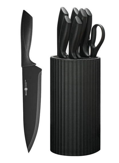 Knife Set, 8-Piece Kitchen Knife Set with Universal Block - Anti-Rust Chef Knives, Ergonomic Design, Dishwasher Safe (Black)