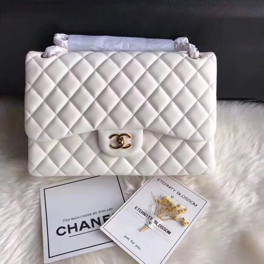 Chanel Classic Double Flap 30 Shoulder Bag White Golden Hardware
