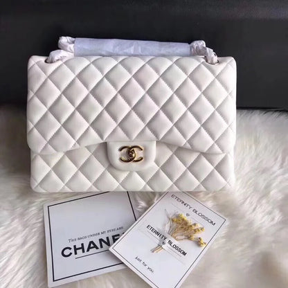 Chanel Classic Double Flap 30 Shoulder Bag White Golden Hardware