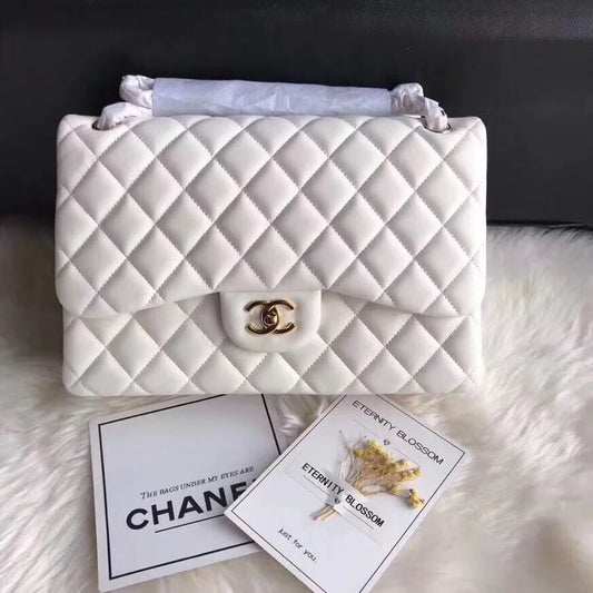 Chanel Classic Double Flap 30 Shoulder Bag White Golden Hardware
