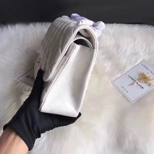 Chanel Classic Double Flap 30 Shoulder Bag White Golden Hardware