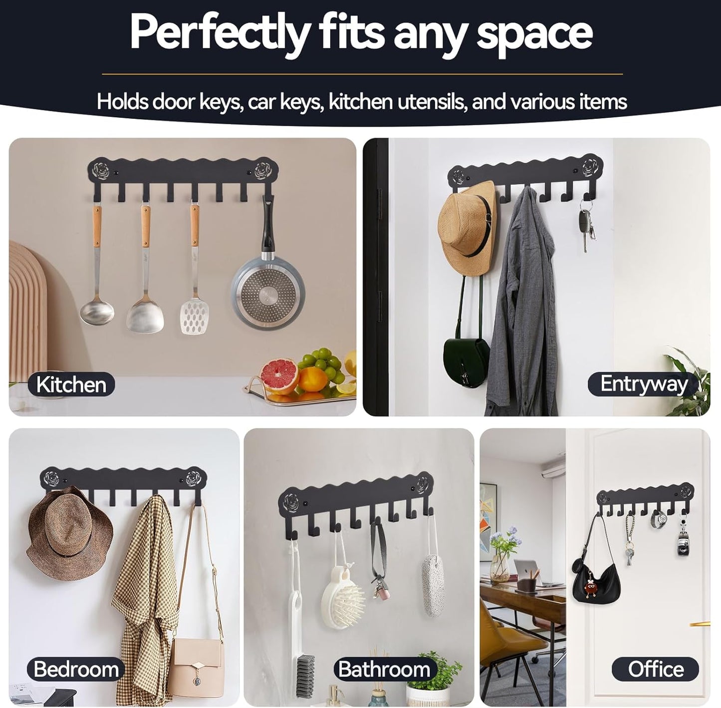 Key Holder Hooks Organizer Hanger Rack Wall Mounted with 8 Hooks, Adhesive Key Holder for Wall, No Drill Modern Key Holder Wall Mount, for Entryway, Kitchen, Hallway, RV Decor （Medium）