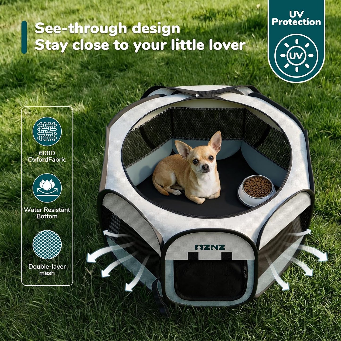 Dog Cat Playpen, Portable Small Animal Playpen Crate Indoor for Dogs Cats Rabbits, Foldable Guinea Pigs Bunny Cage Enclosure for Outdoor, Pop Up Dogs Cats Tent Kennel with Carrying Case, Grey