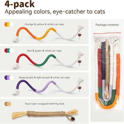 Cat Toys for Indoor Cats, Chew Ropes 3Pcs & Silvervine Stick 1Pcs with Gall Fruit, Refillable Catnip, Interactive Kitten Toys & Teething Toys, Safe Teeth Cleaning for All Breeds (19.5 Inches)