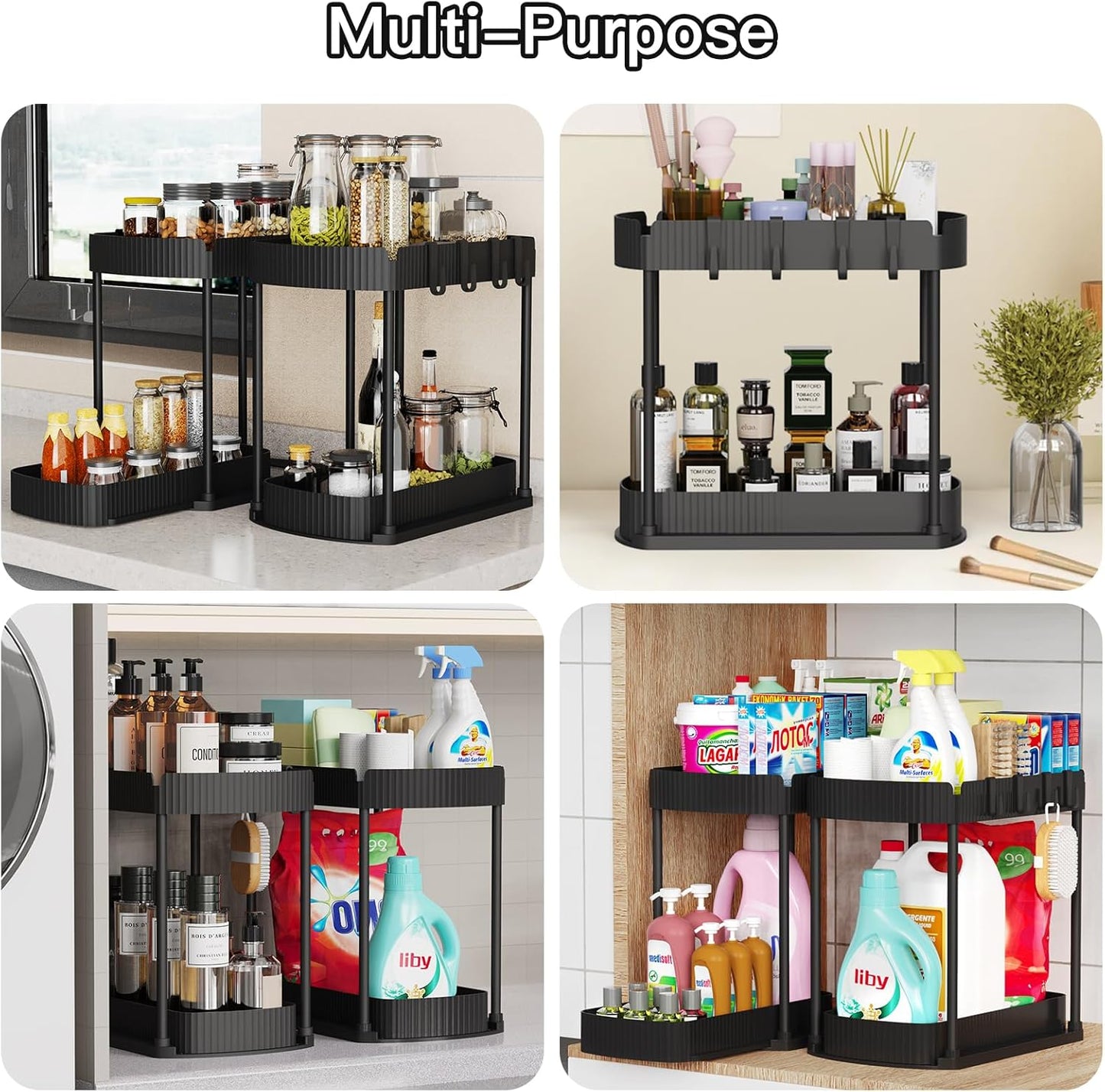 Ukeetap 2 Pack Multi-Purpose Pull-Out Storage Organizers, Under Sink Organizers and Storage for Bathroom & Kitchen, Under Cabinet Organizers and storage, 14.8 Inch, Black