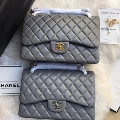 Chanel Classic Double Flap 30 Shoulder Bag Grey Golden Hardware