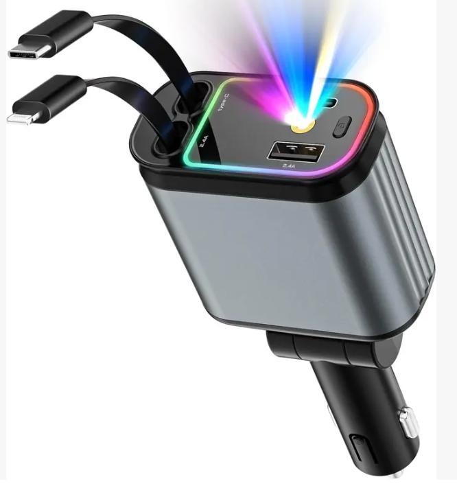 Car Charger with Starlight 4 in 1 Retractable 66W USB C Fast Charging for iPhone 12 13 14 15 16 17 & Android Devices with 2 USB Ports and 180-Degree Plug