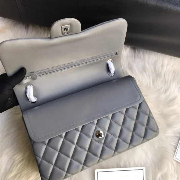 Chanel Classic Double Flap 30 Shoulder Bag Grey Golden Hardware