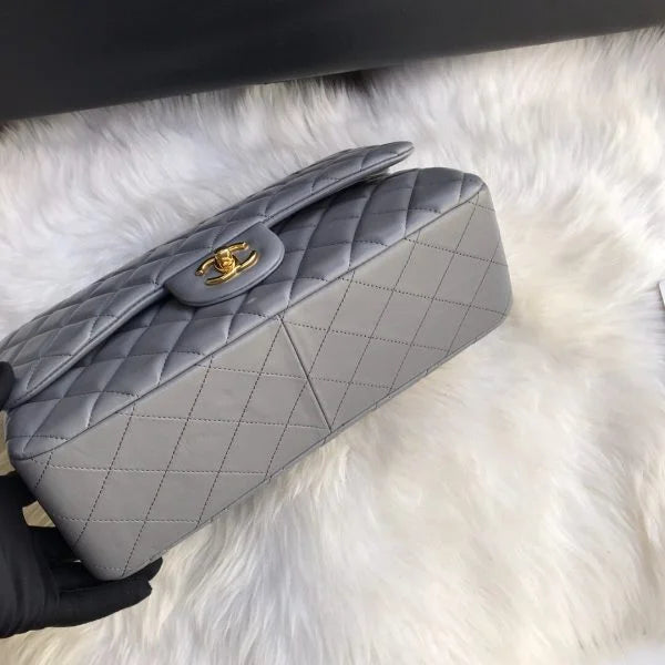 Chanel Classic Double Flap 30 Shoulder Bag Grey Silver Hardware