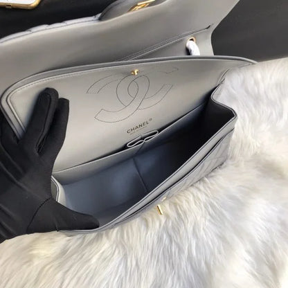 Chanel Classic Double Flap 30 Shoulder Bag Grey Silver Hardware