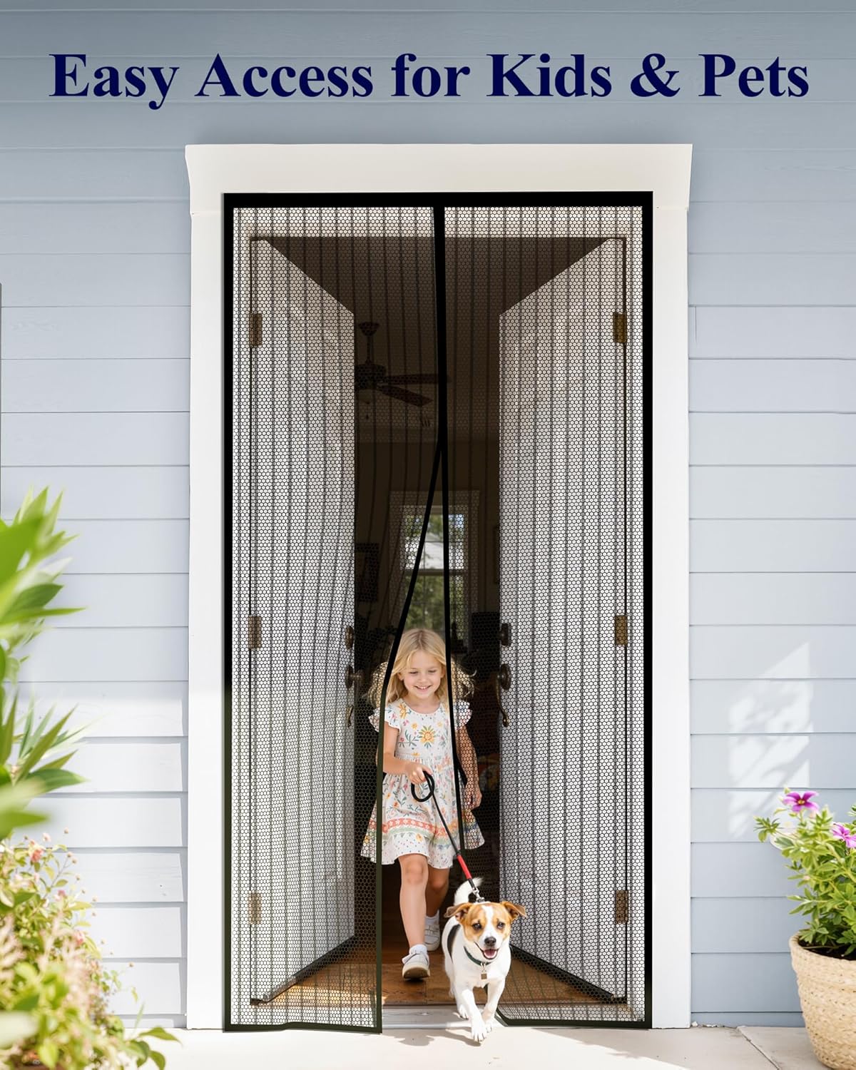 Kitsure Magnetic Screen Door - 38.0'' x 82.0'' Retractable Screen Door Mesh for Entry Door or Sliding Door, Pet & Kid Friendly, Hands-Free Closure Keeps Bugs Out & Lets Breeze in, Stripe Black