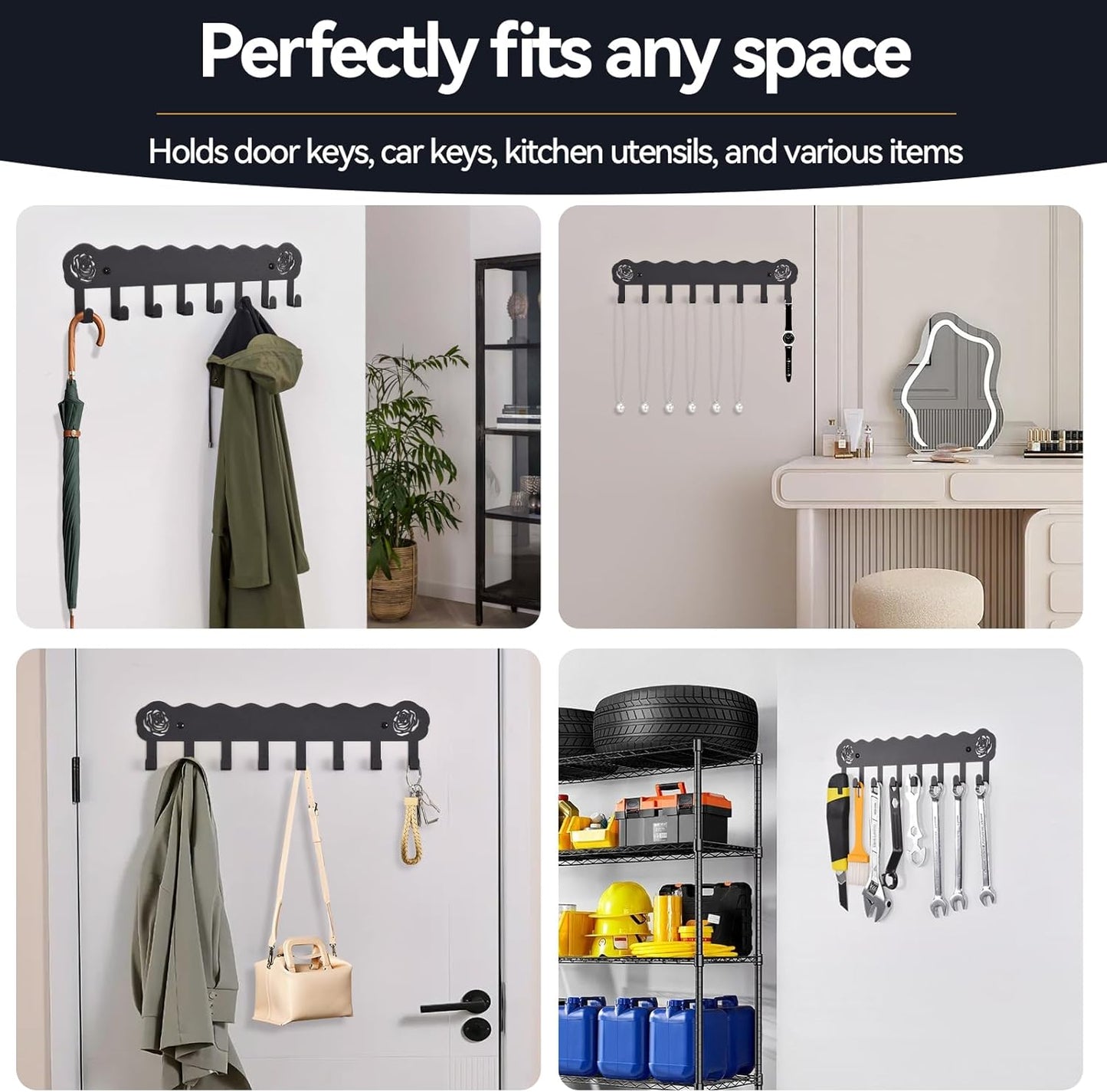 Key Holder Hooks Organizer Hanger Rack Wall Mounted with 8 Hooks, Adhesive Key Holder for Wall, No Drill Modern Key Holder Wall Mount, for Entryway, Kitchen, Hallway, RV Decor （Medium）