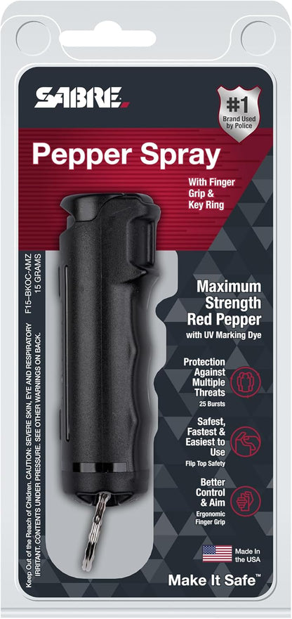 SABRE Pepper Spray with Fast Flip Top Safety & Snap‑Clip Keychain for Self Defense - Maximum Police Strength OC with UV Marking Dye, Finger Grip, 10‑Sec. Spray, 14-ft Range, Made in USA, 0.54 fl oz