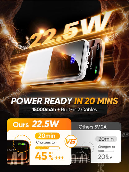 Portable Charger Power Bank, 50% Larger Capacity 15000mAh Battery Pack with Built in Cable, 22.5W Fast Charging Travel Camping Essential Powerbank for iPhone 17 16 Pro iPad Samsung S26 Google etc