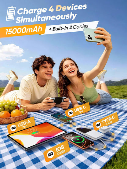 Portable Charger Power Bank, 50% Larger Capacity 15000mAh Battery Pack with Built in Cable, 22.5W Fast Charging Travel Camping Essential Powerbank for iPhone 17 16 Pro iPad Samsung S26 Google etc