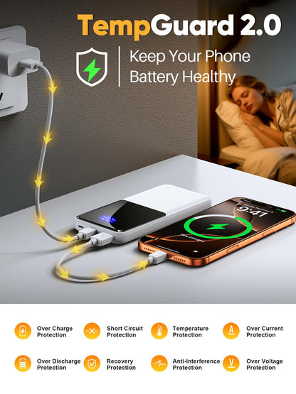 Portable Charger Power Bank, 50% Larger Capacity 15000mAh Battery Pack with Built in Cable, 22.5W Fast Charging Travel Camping Essential Powerbank for iPhone 17 16 Pro iPad Samsung S26 Google etc