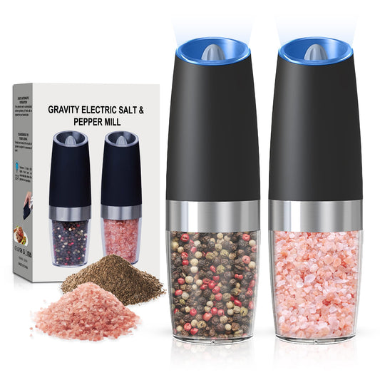 Battery Operated Salt And Pepper Grinder Set with LED Light, Automatic Electric Gravity Salt And Pepper Shakers Set, Each 6 AAA Batteries Needed, Adjustable Roughness, 2 Pack (Black)