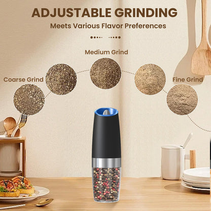 Gravity Electric Salt And Pepper Grinder Set, Automatic Salt And Pepper Grinder Set, Battery Powered (6 AAA Batteries Each), Adjustable Roughness, LED Light, 2 Pack, (Black)