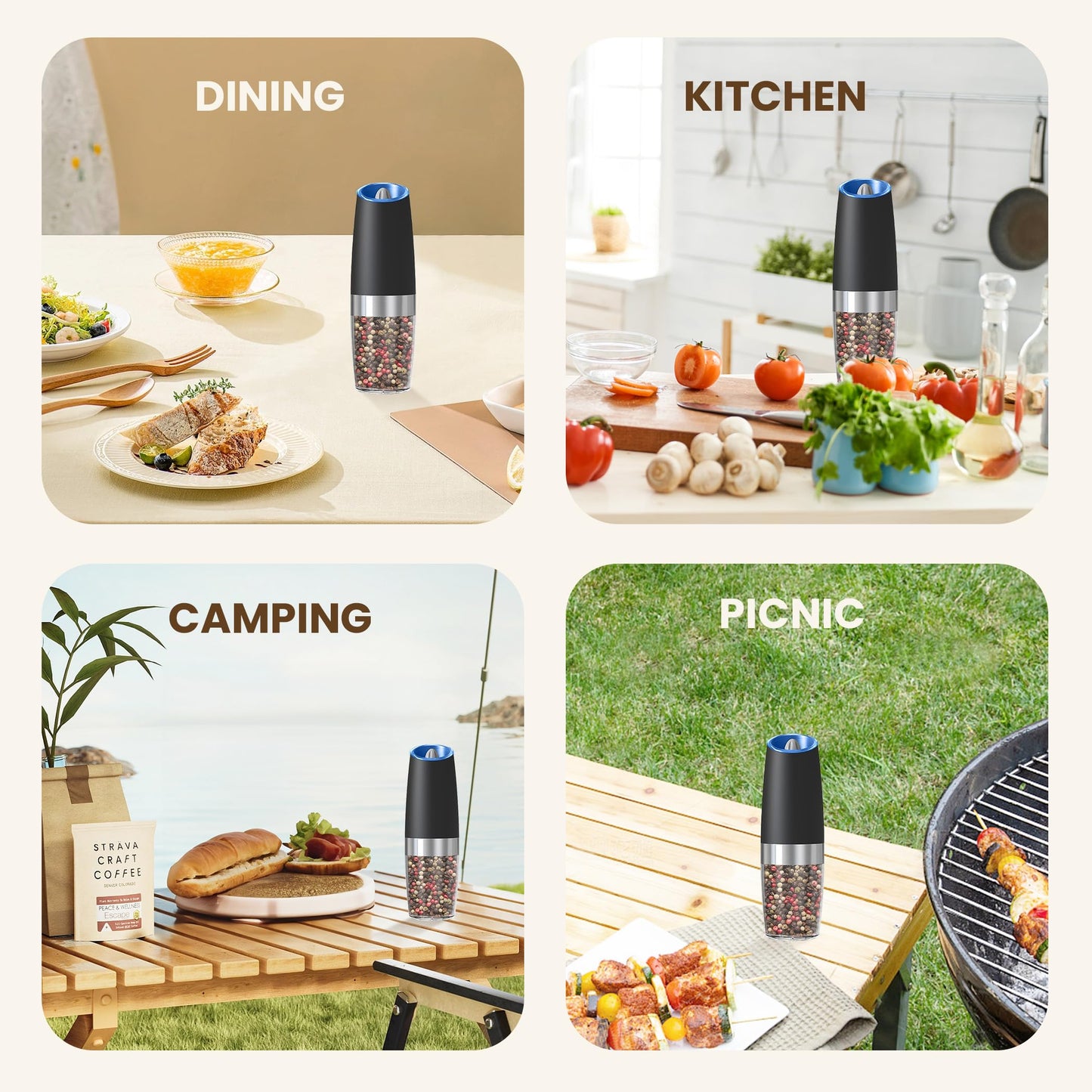Gravity Electric Salt And Pepper Grinder Set, Automatic Salt And Pepper Grinder Set, Battery Powered (6 AAA Batteries Each), Adjustable Roughness, LED Light, 2 Pack, (Black)