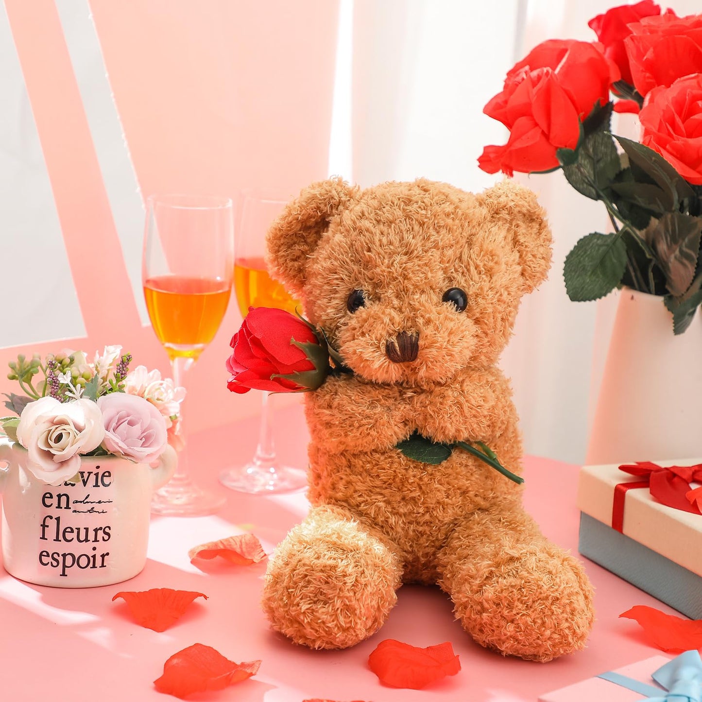 Civaner Bear Stuffed Animal Gift with Rose Funny Cute Bear Stuffed Animal Plush Gift for Mother Day Mom Birthday Wedding Christmas, 11.8 Inches(Beige)