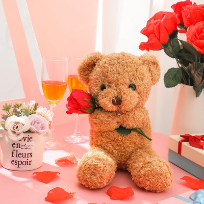 Civaner Bear Stuffed Animal Gift with Rose Funny Cute Bear Stuffed Animal Plush Gift for Mother Day Mom Birthday Wedding Christmas, 11.8 Inches(Beige)
