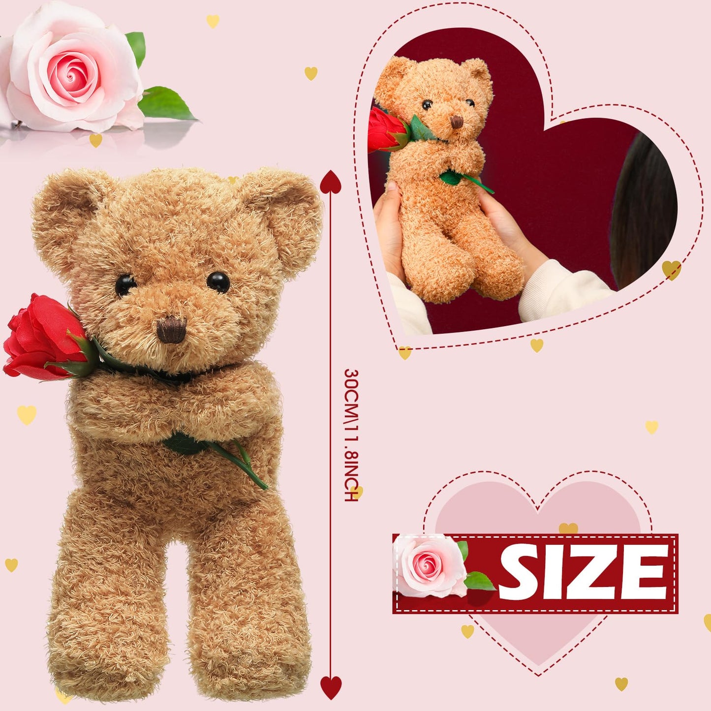 Civaner Bear Stuffed Animal Gift with Rose Funny Cute Bear Stuffed Animal Plush Gift for Mother Day Mom Birthday Wedding Christmas, 11.8 Inches(Beige)