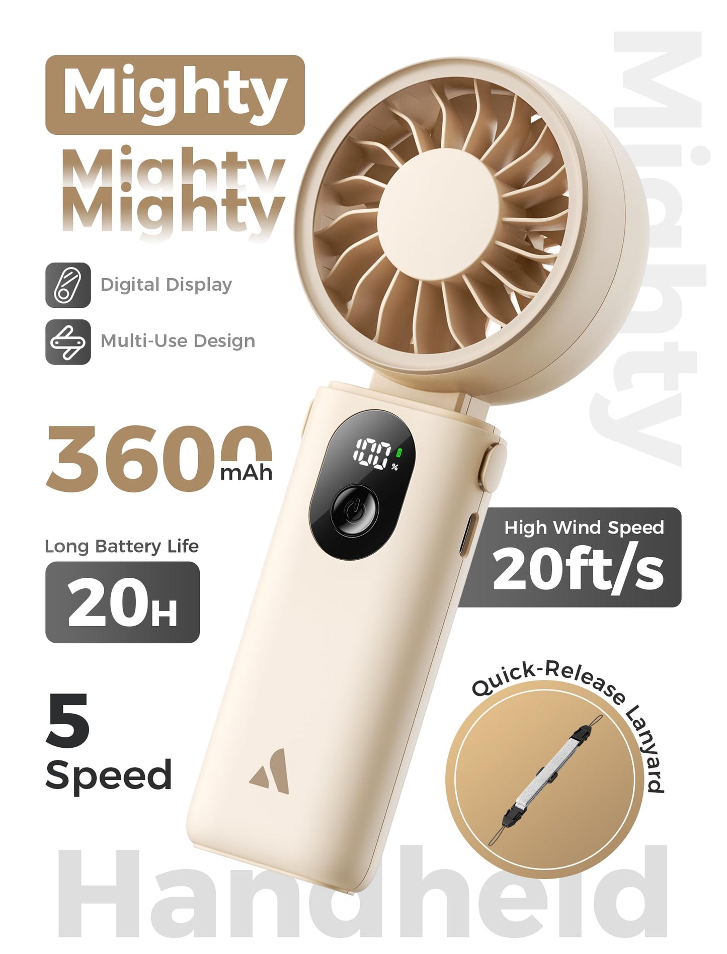 Aecooly Mighty Portable Handheld Fan | 20H Max Cooling Time | 3 Flexible Modes | 5 Speeds Wind | Battery Level Display | Mini USB Rechargeable Personal Battery Powered Fan Travel Gifts for Women-Beige