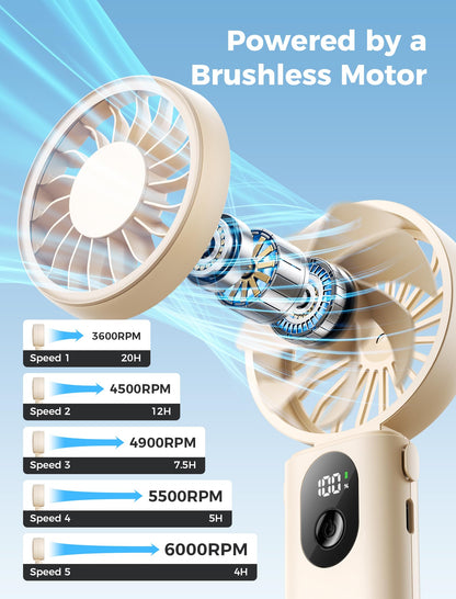 Aecooly Mighty Portable Handheld Fan | 20H Max Cooling Time | 3 Flexible Modes | 5 Speeds Wind | Battery Level Display | Mini USB Rechargeable Personal Battery Powered Fan Travel Gifts for Women-Beige