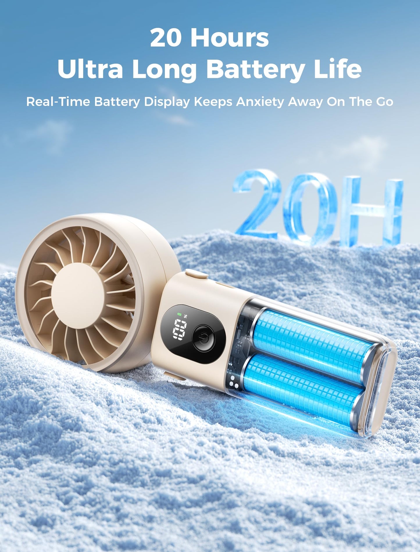 Aecooly Mighty Portable Handheld Fan | 20H Max Cooling Time | 3 Flexible Modes | 5 Speeds Wind | Battery Level Display | Mini USB Rechargeable Personal Battery Powered Fan Travel Gifts for Women-Beige