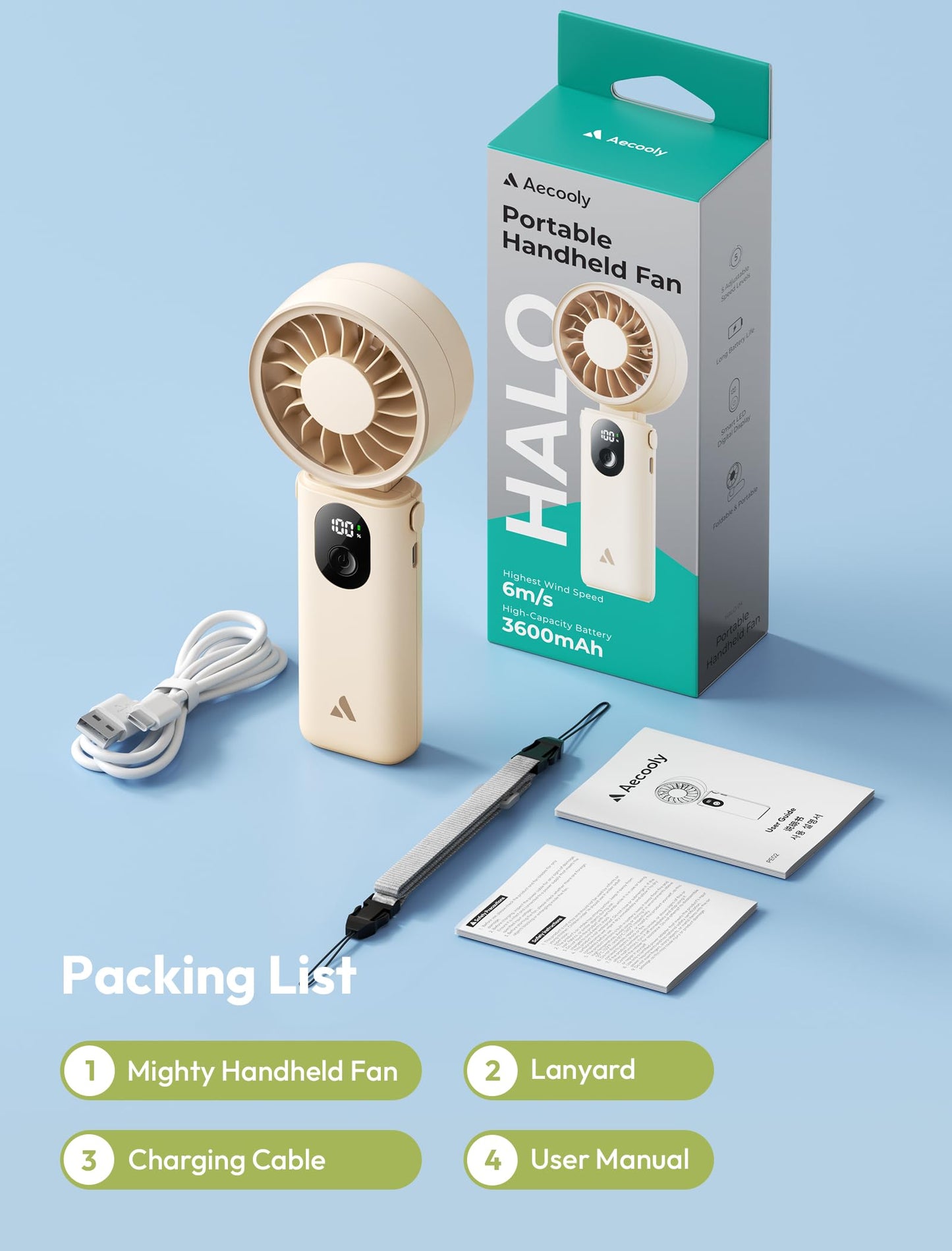 Aecooly Mighty Portable Handheld Fan | 20H Max Cooling Time | 3 Flexible Modes | 5 Speeds Wind | Battery Level Display | Mini USB Rechargeable Personal Battery Powered Fan Travel Gifts for Women-Beige