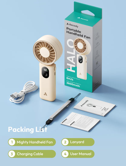 Aecooly Mighty Portable Handheld Fan | 20H Max Cooling Time | 3 Flexible Modes | 5 Speeds Wind | Battery Level Display | Mini USB Rechargeable Personal Battery Powered Fan Travel Gifts for Women-Beige
